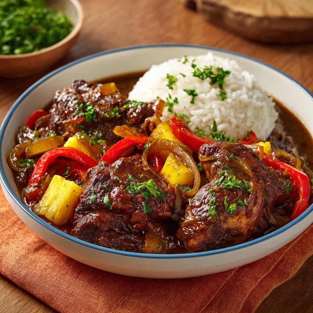 Tropisches Ananas-Hühner mit Paprika serviert in einer Schüssel mit Reis, garniert mit frischer Petersilie, und leuchtenden Farben.