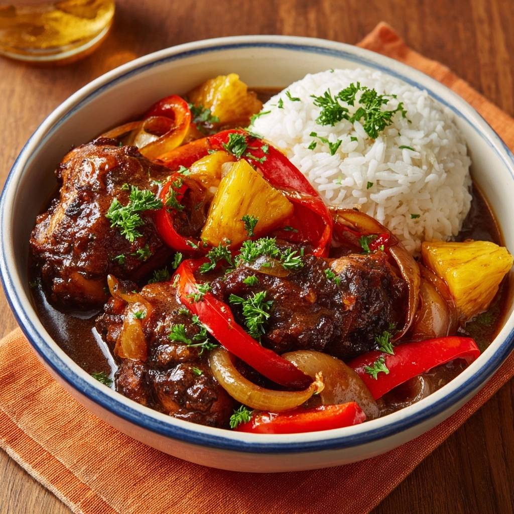 Tropisches Ananas-Hühner mit Paprika, serviert in einer Schüssel mit Reis, Paprika, Ananas und frischer Petersilie garniert. Ein köstliches Gericht.