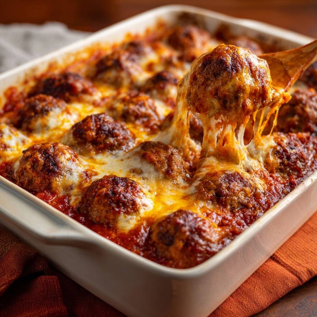 Überbackene Fleischbällchen in Tomatensoße werden mit geschmolzenem Käse überzogen, der sich beim Abheben einer Fleischkugel zieht.