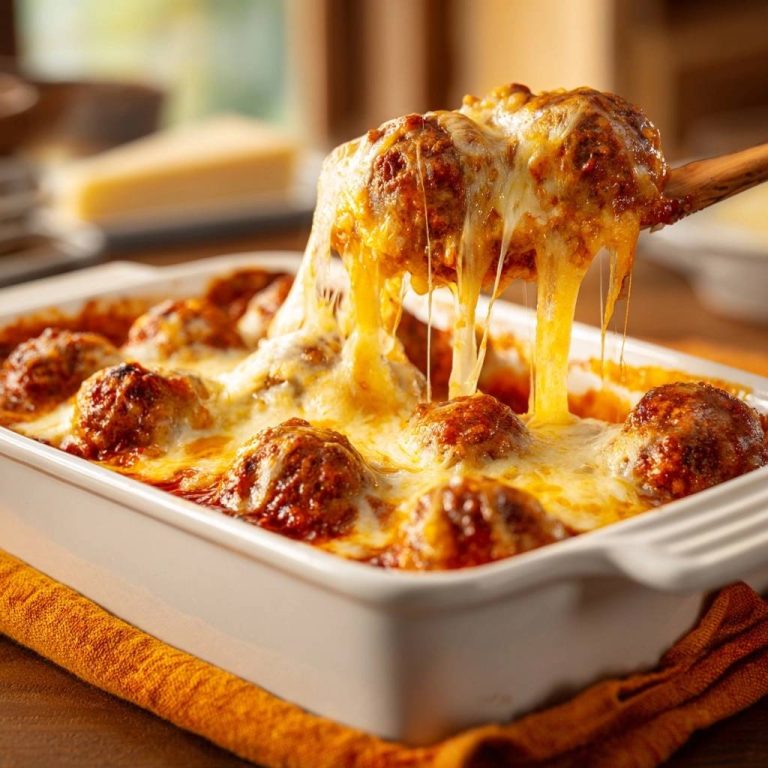 Überbackene Fleischbällchen in Tomatensoße werden mit geschmolzenem Käse bedeckt, der von einem Holzlöffel tropft. Ein herzhaftes Gericht zum Genießen.