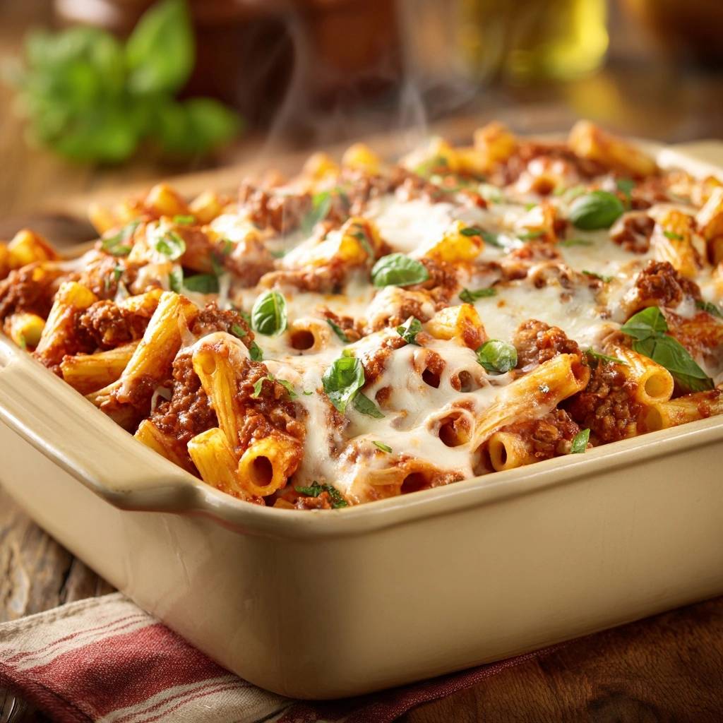 Ueberbackene Rigatoni Mit Hackfleisch Nahaufnahme 1 Überbackene Rigatoni mit Hackfleischsoße in einer Keramikform, mit geschmolzenem Käse bedeckt, dampfend und mit frischem Basilikum garniert.