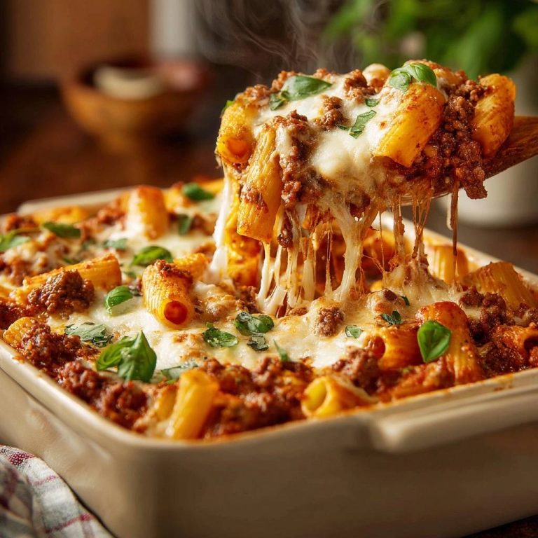 Überbackene Rigatoni mit Hackfleischsoße in Nahaufnahme, dampfend heiß und mit geschmolzenem Käse, der sich zieht. Ein köstliches Auflaufgericht.