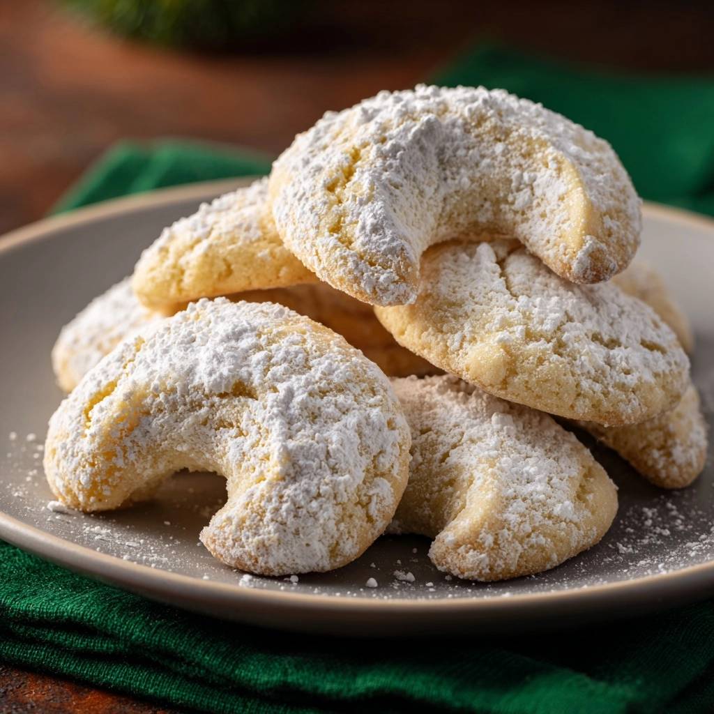 Vanillekipferl, frisch gebacken und mit Puderzucker bestäubt, auf einem grauen Teller serviert. Diese Nahaufnahme zeigt die zarten Halbmonde im Detail.