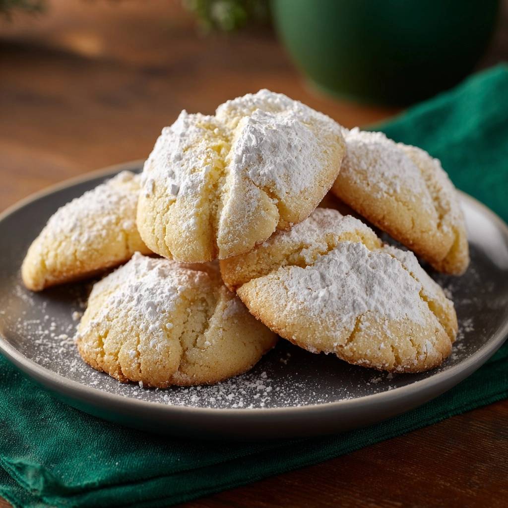 Vanillekipferl, serviert auf einem dunklen Teller, großzügig mit Puderzucker bestäubt. Ein verführerischer Anblick der klassischen Weihnachtsplätzchen.