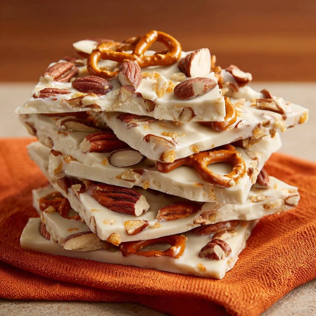 Weiße Schokoladen-Brezel-Bark liegt gestapelt auf einem orangefarbenen Tuch, mit Mandeln und Brezeln als Topping in Nahaufnahme.