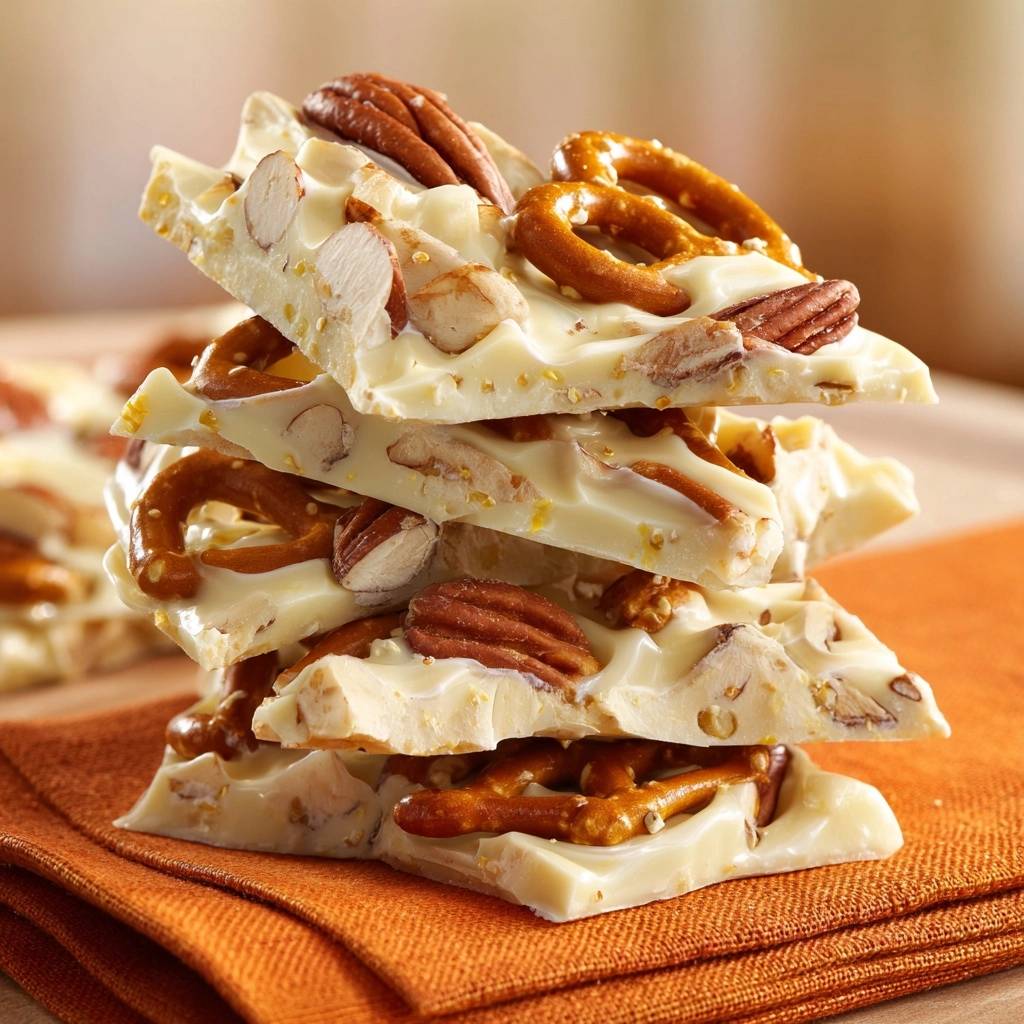 Weiße Schokoladen-Brezel-Bark ist hier gestapelt und mit Mandeln, Brezeln und Pekannüssen belegt, perfekt für einen süßen Snack.