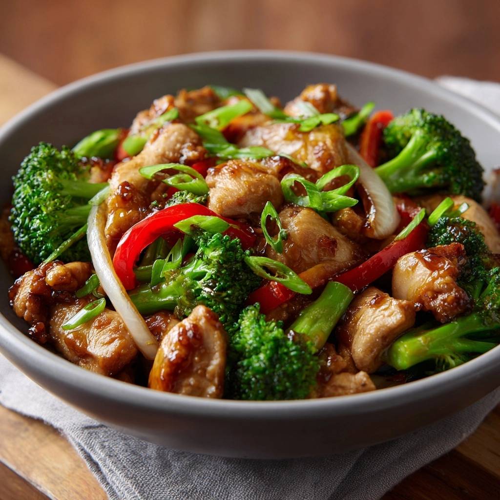 Wok-Hähnchen mit Brokkoli & Paprika in einer Schüssel, serviert als köstliches, saftiges Gericht. Eine Nahaufnahme von oben zeigt die frischen Zutaten.
