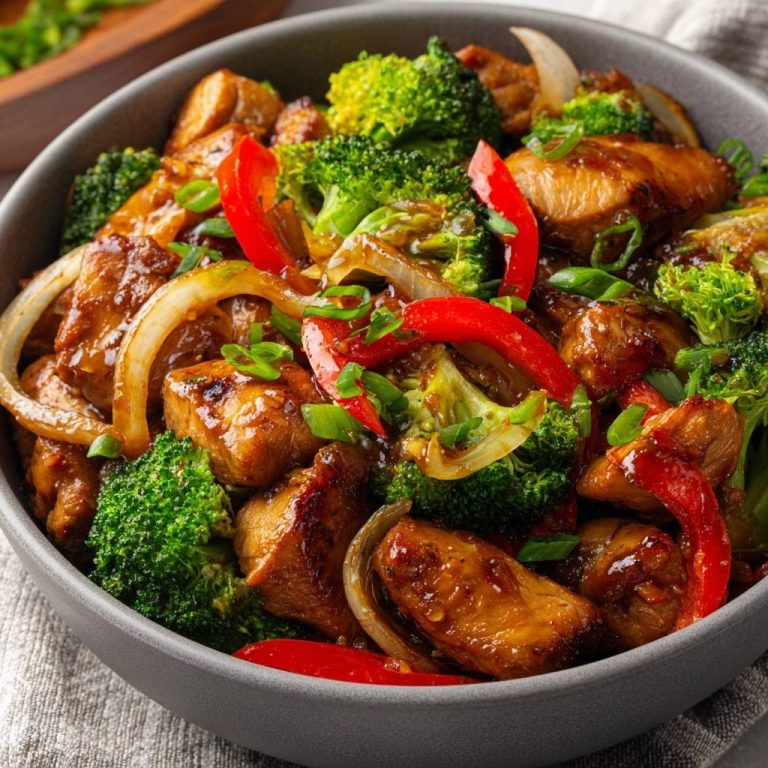 Wok-Hähnchen mit Brokkoli & Paprika in einer Schüssel aus der Vogelperspektive, serviert mit frischem Gemüse und köstlicher Sauce.