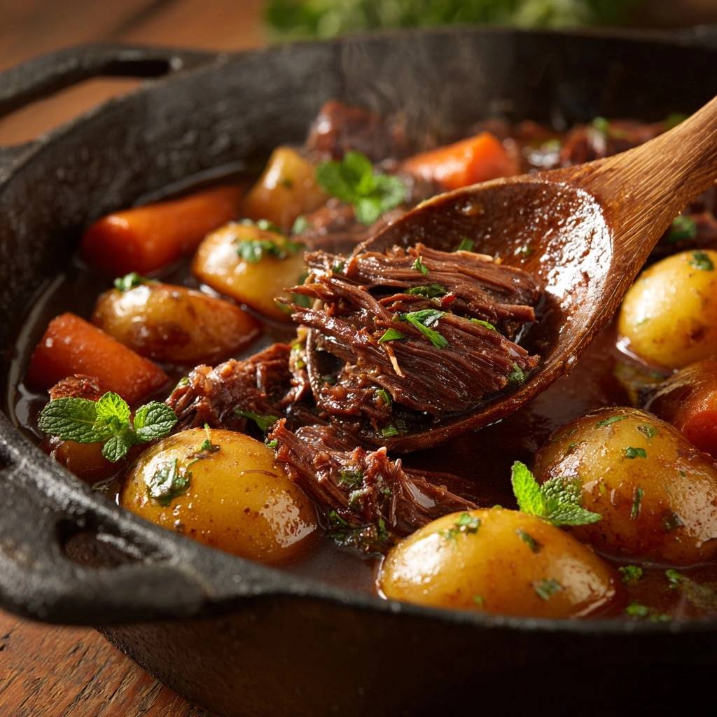 Zarter Rindfleisch-Eintopf mit Kartoffeln und Karotten, nah aufgenommen, serviert in einer gusseisernen Pfanne mit einem Holzlöffel. Das Fleisch ist zart und mit Kräutern garniert.