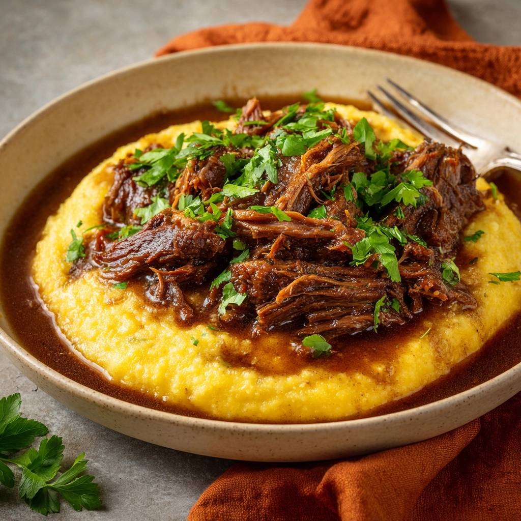 Zartes Pulled Beef auf cremiger Polenta serviert in einer Schüssel, garniert mit frischer Petersilie und serviert mit Soße.