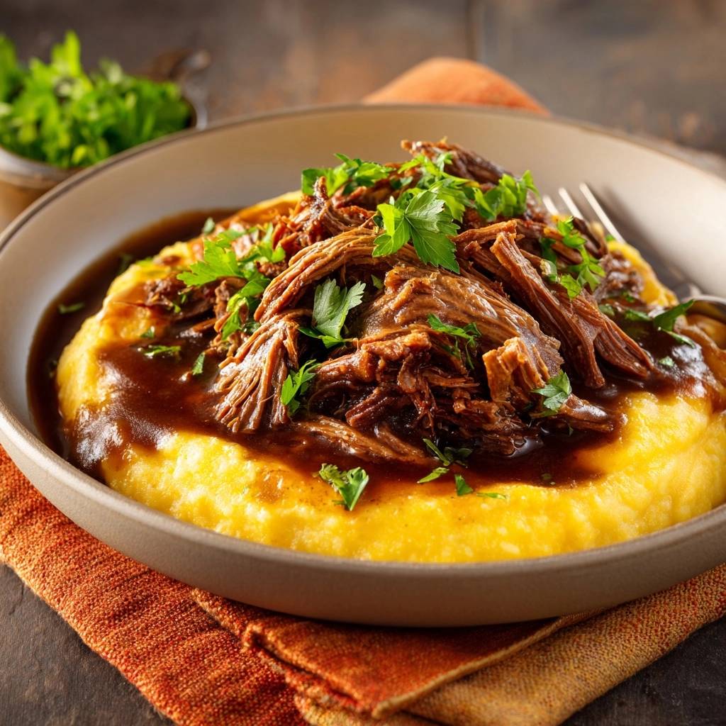 Zartes Pulled Beef auf cremiger Polenta serviert in einer Schüssel, garniert mit frischer Petersilie und serviert auf einem orangefarbenen Tischtuch.