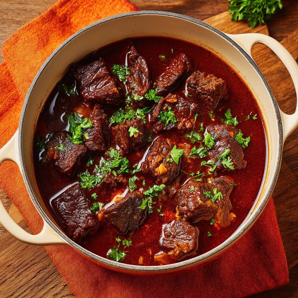 Zartes Rindergulasch in einer hellen Kochtopf serviert, garniert mit frischen Kräutern und von oben fotografiert. Der Eintopf ist reichhaltig und appetitlich.