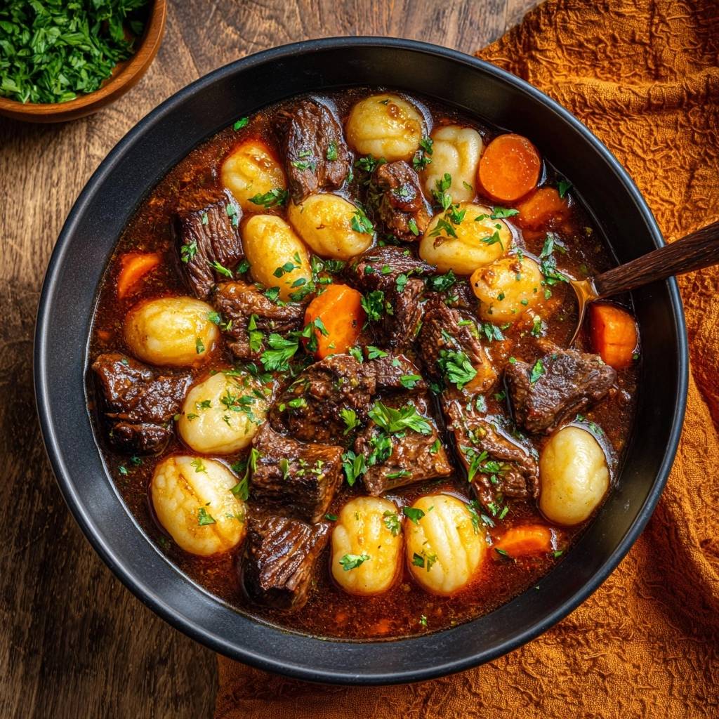 Zartes Rindergulasch Mit Kartoffelknodel Von Oben 1 Zartes Rindergulasch mit Kartoffelknödeln, serviert in einer dunklen Schüssel, garniert mit frischer Petersilie und von oben betrachtet.