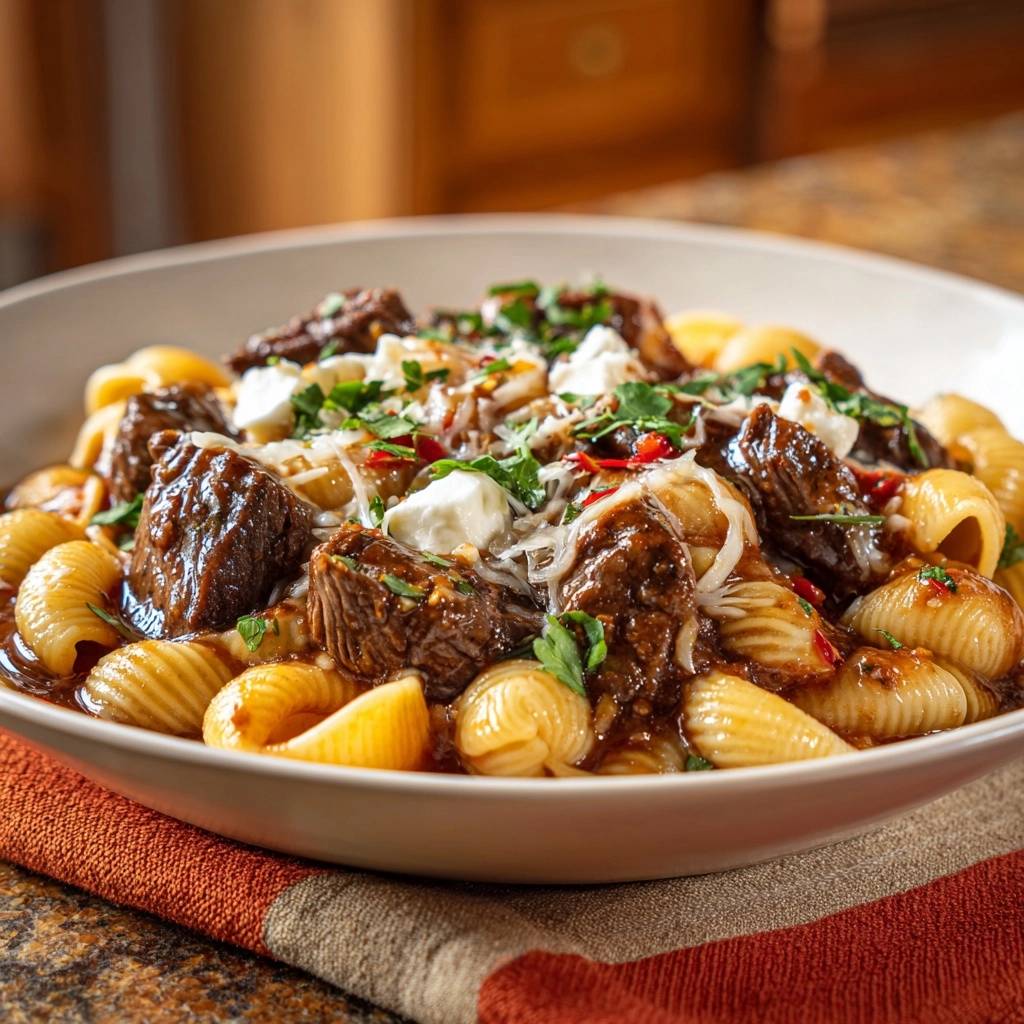Zartes Rindfleisch Ragu Mit Conchiglie Nahaufnahme 1 Zartes Rindfleisch-Ragù mit Conchiglie in Nahaufnahme, garniert mit frischer Petersilie, Käse und cremigen Käse-Stückchen.