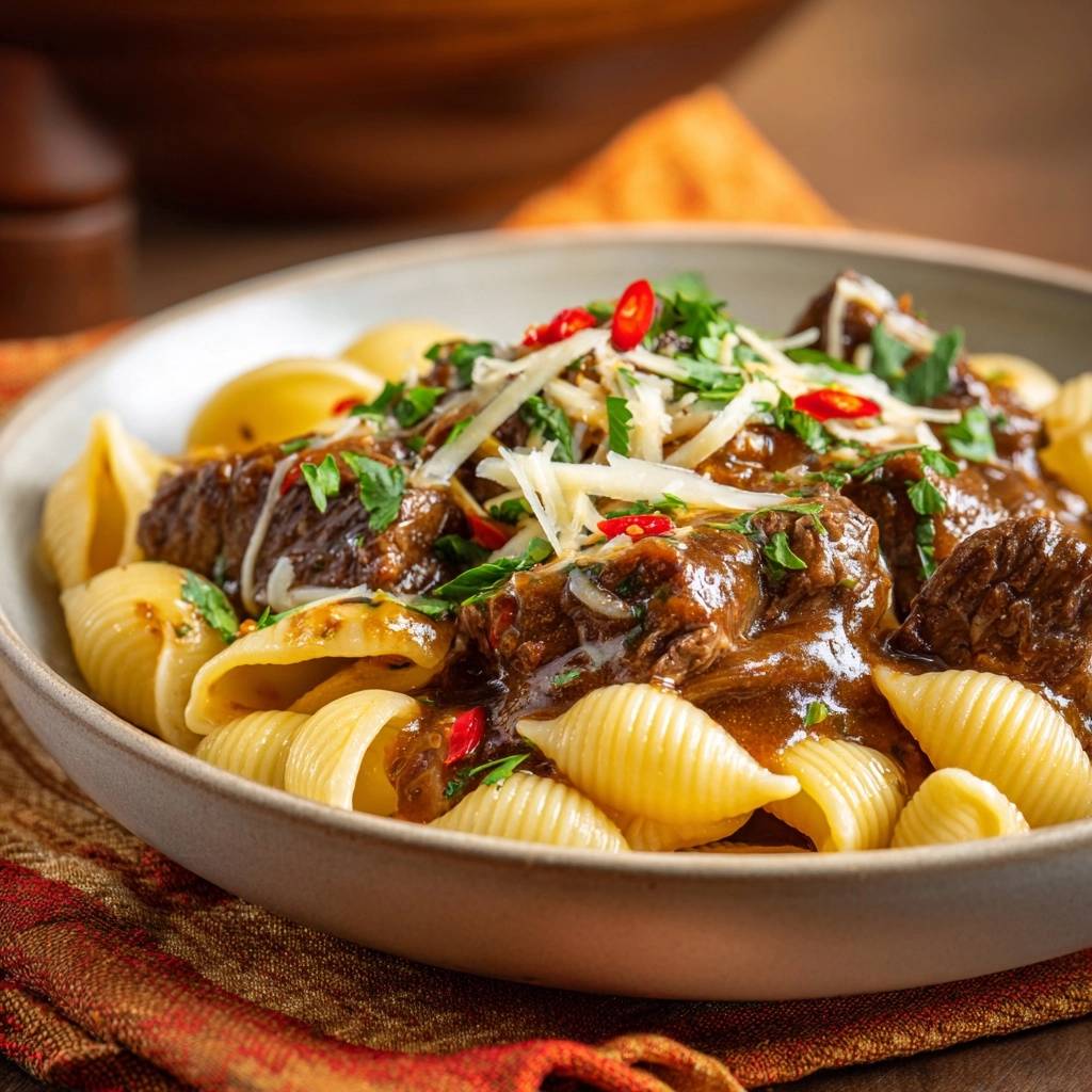 Zartes Rindfleisch-Ragù mit Conchiglie in Nahaufnahme: Herzhaftes Ragout mit Conchiglie-Nudeln, garniert mit Kräutern und Parmesan.