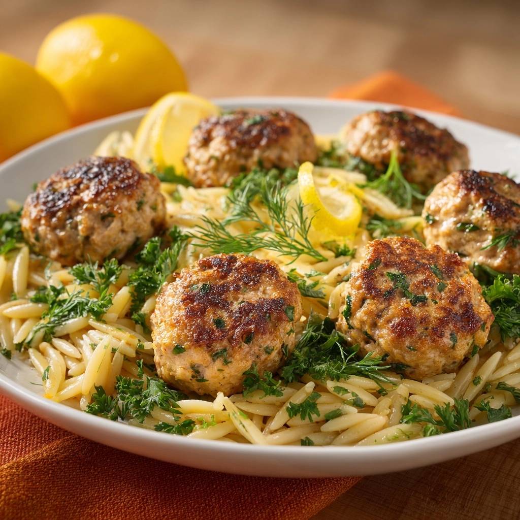 Zitronige Hähnchenfrikadellen mit Orzo serviert. Diese Nahaufnahme zeigt saftige Frikadellen auf Orzo-Nudeln, garniert mit frischen Kräutern und Zitronenscheiben.