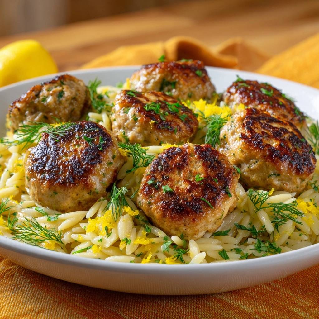 Zitronige Huhn Frikadellen Mit Orzo Detail Garnitur 1 Zitronige Hähnchenfrikadellen mit Orzo, garniert mit Dill und Zitronenschale, nahaufnahme des Tellers