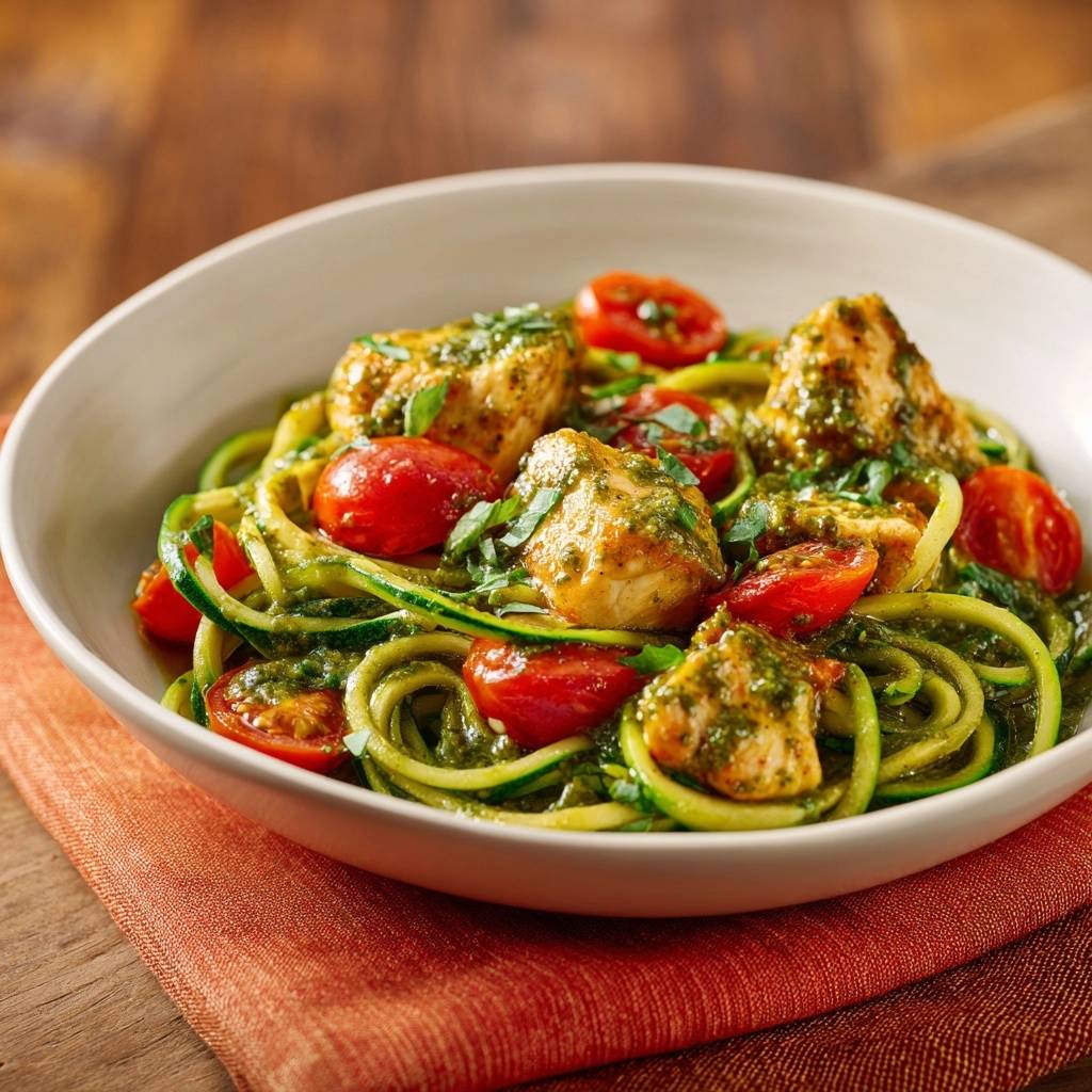 Zucchini-Nudeln mit Hähnchen, Tomaten und Basilikum serviert in einer weißen Schüssel auf einem orangefarbenen Untersetzer. Das Gericht ist fertig und servierbereit.