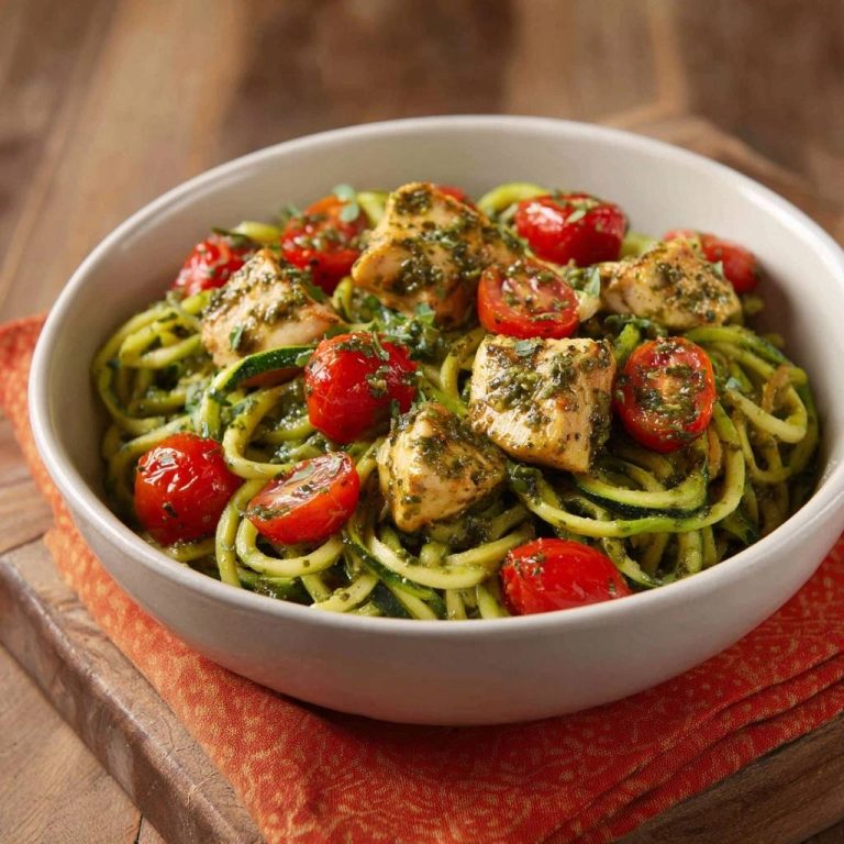 Zucchini-Nudeln mit Hähnchen, Tomaten und Basilikum in einer Schüssel, serviert von oben, mit frischen Zutaten.