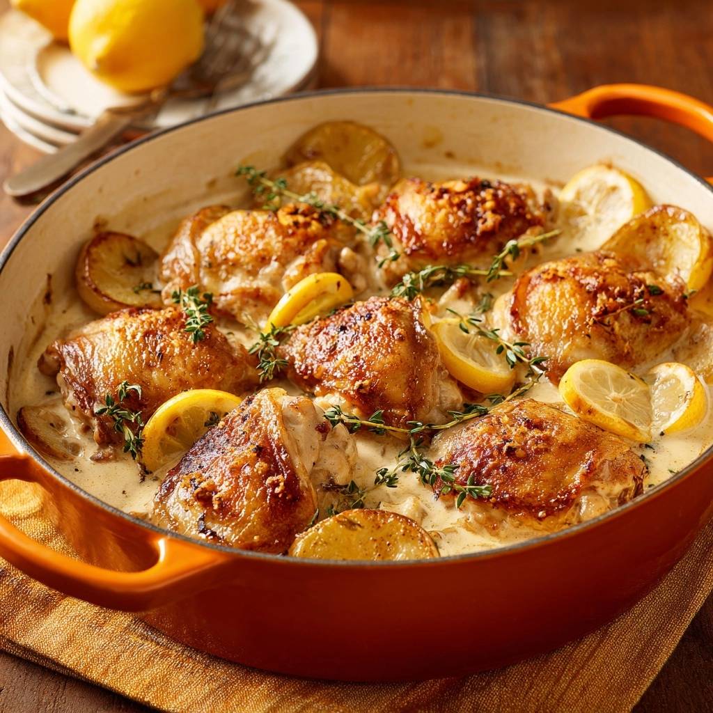 Knusprige Hähnchenschenkel mit Zitronen-Thymian-Kartoffeln (Nie wieder trockenes Hähnchen!)