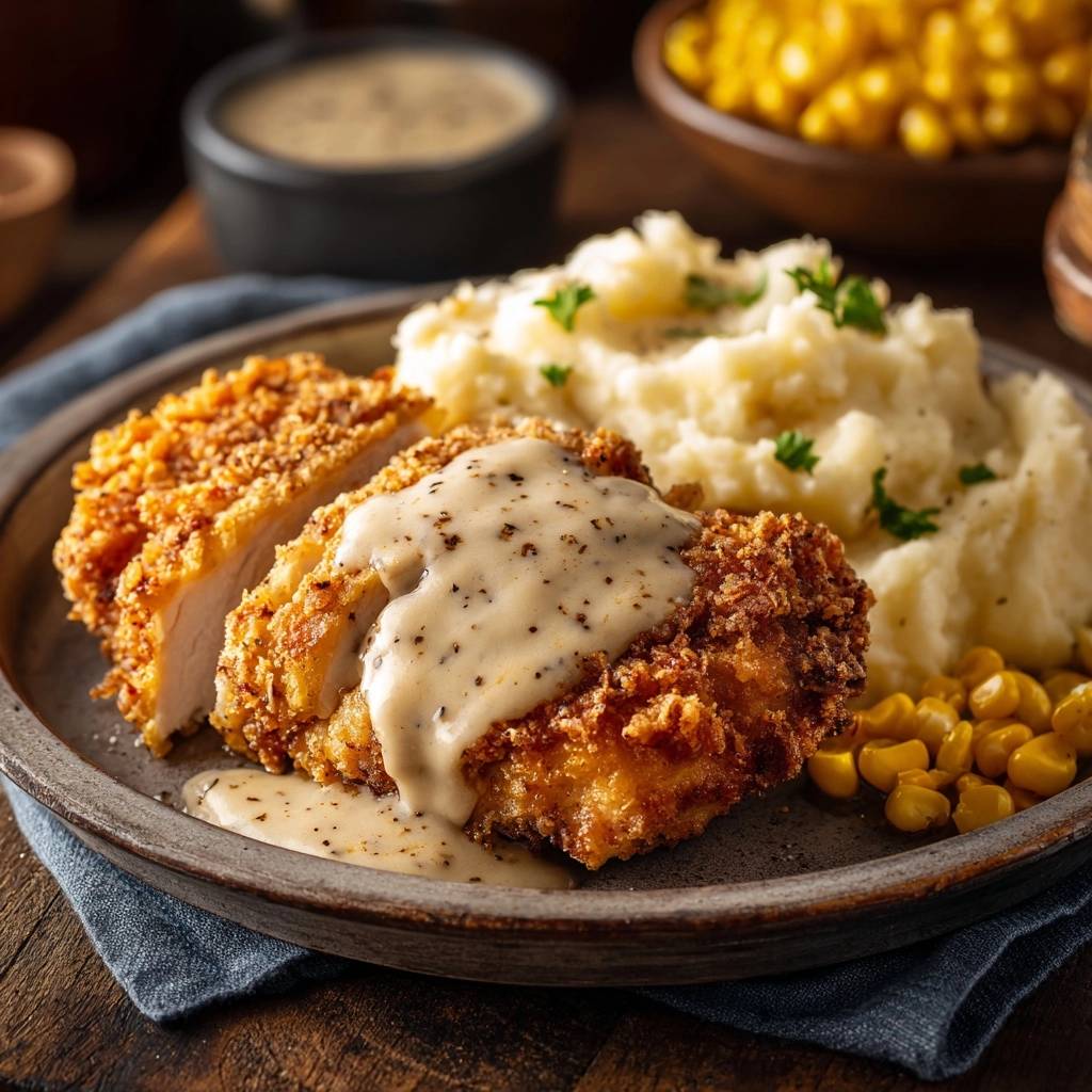 Knuspriges Hähnchen mit Pfeffersoße, Kartoffelpüree und Maiskolben