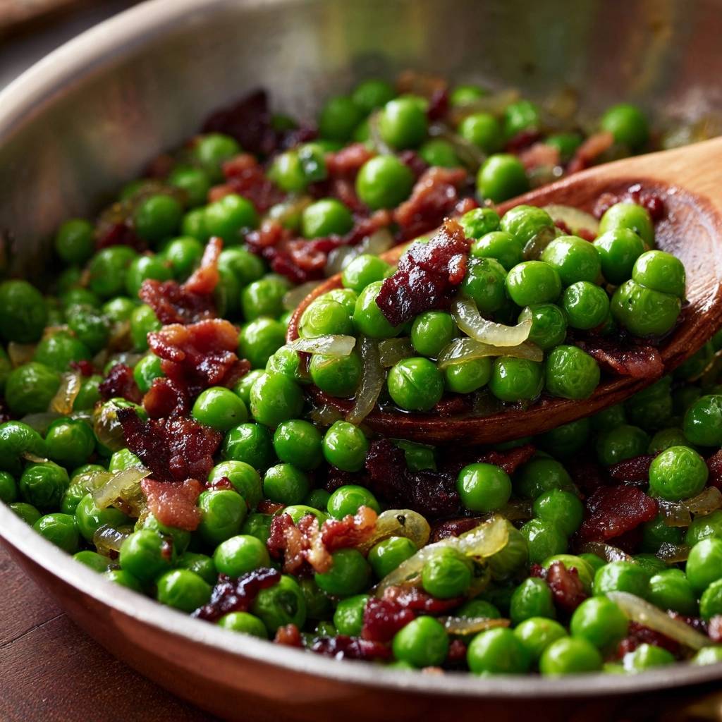 Knackige Erbsen mit Speck und Zwiebeln