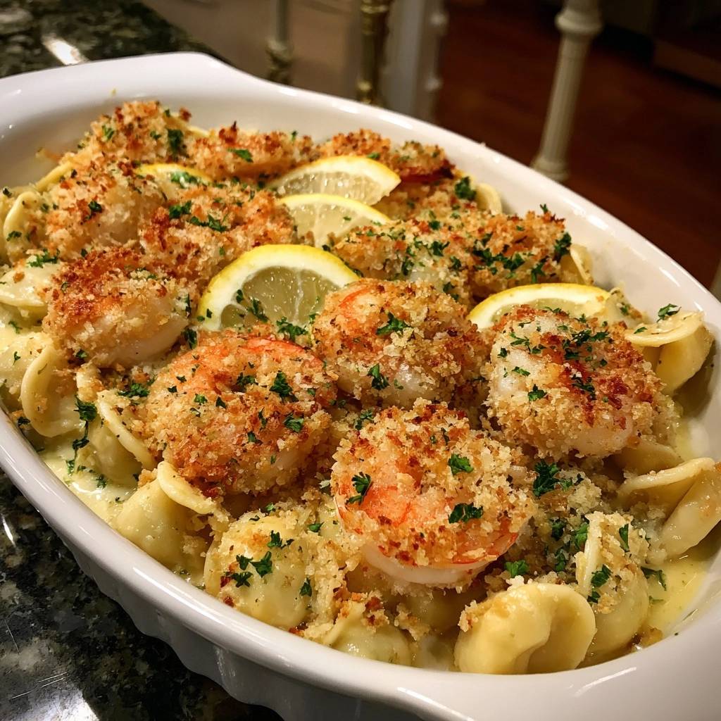 Knuspriger Garnelen-Conchiglie-Auflauf