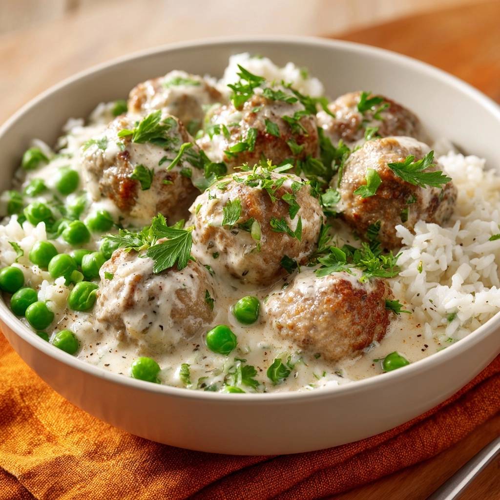 Saftige Hackbällchen in cremiger Erbsen-Sahnesoße mit Reis