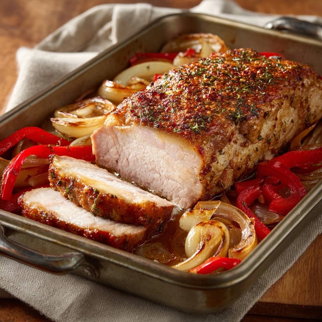 Knuspriger Kräuter-Schweinebraten mit Ofenpaprika