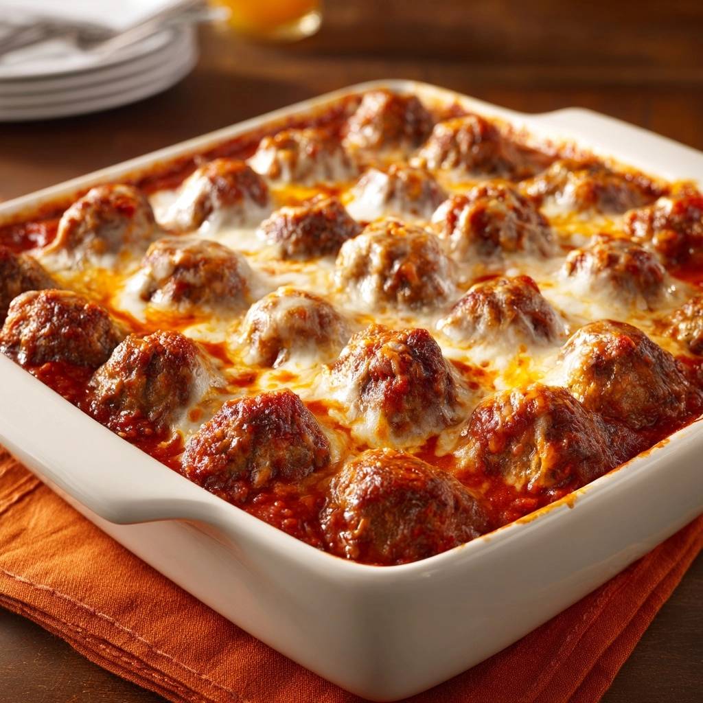 Überbackene Hackbällchen in Tomatensoße