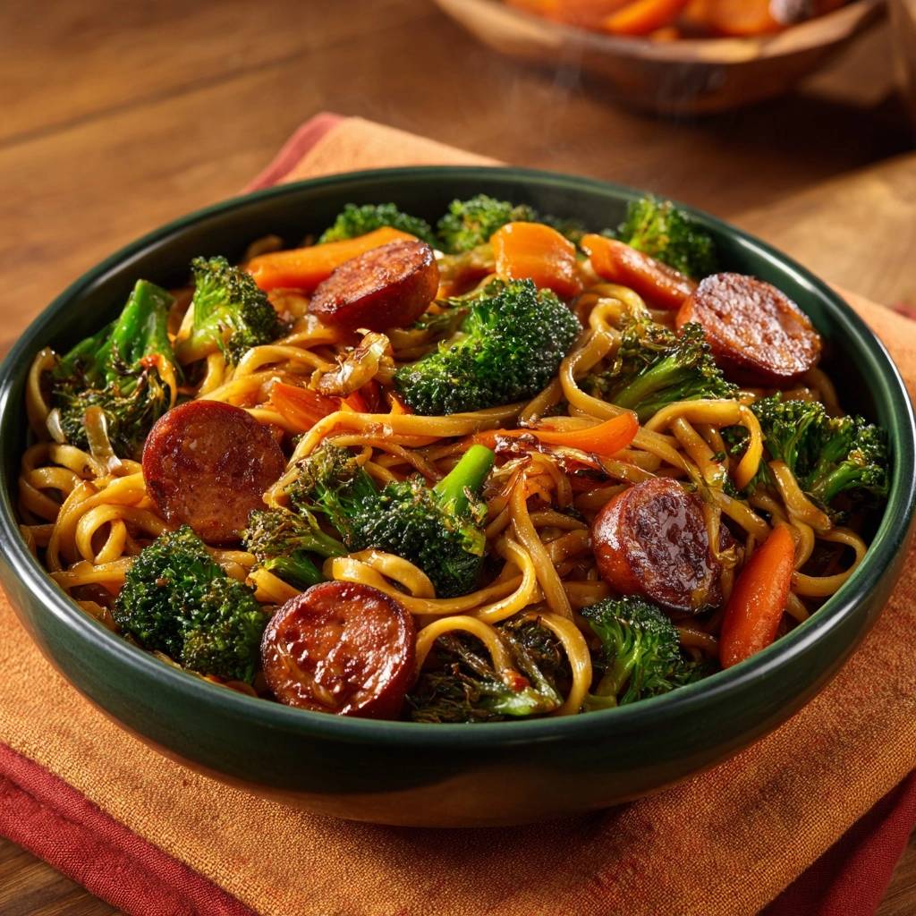 Asiatische Wurst-Brokkoli-Nudeln