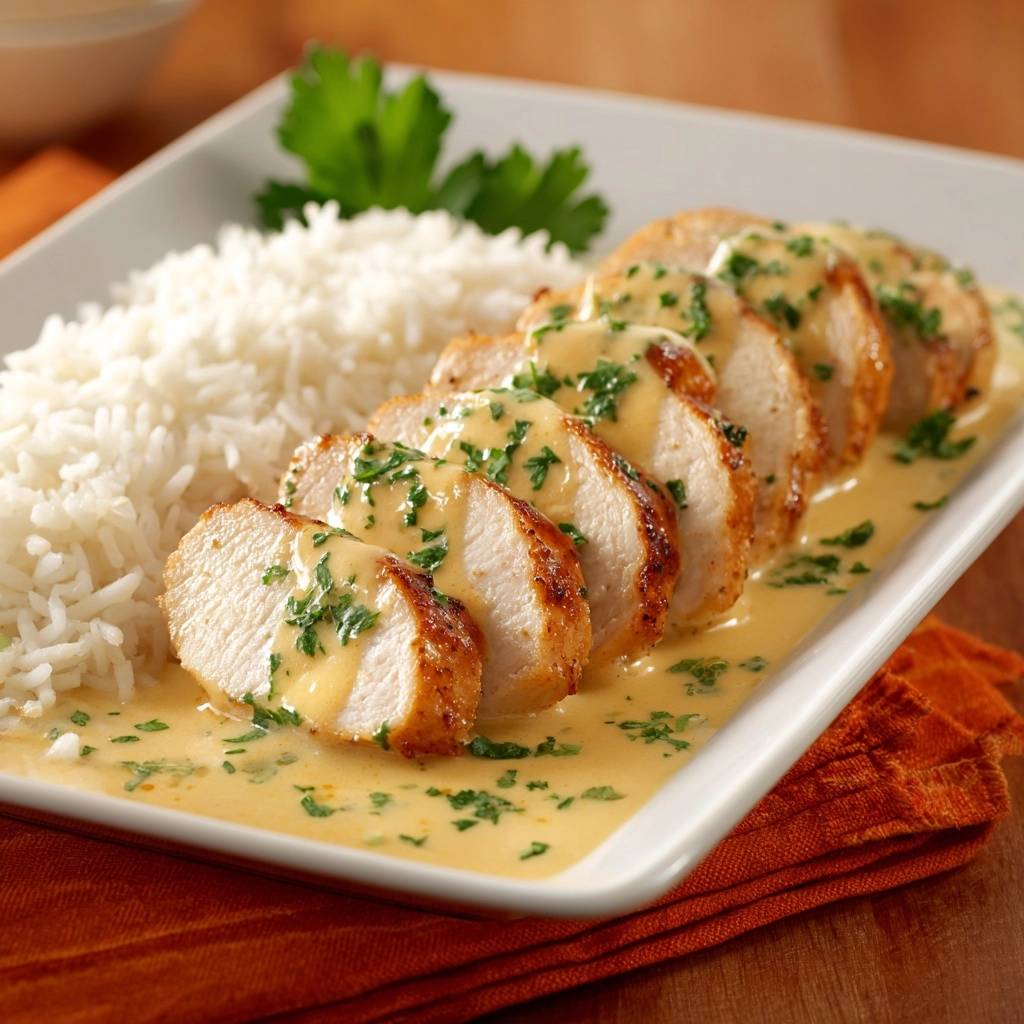 Saftiges Hähnchen in cremiger Senfsauce mit Reis