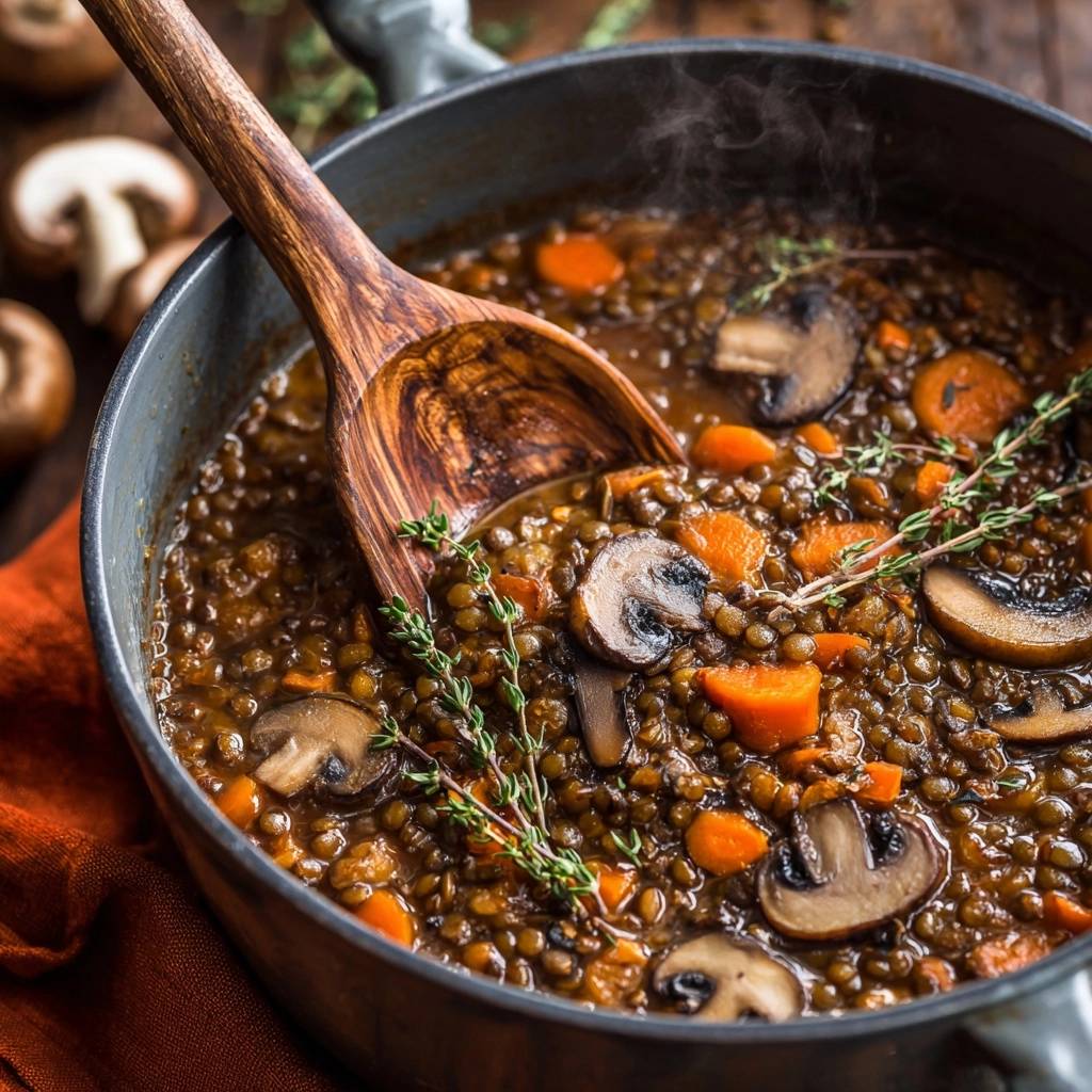 Cremiger Linseneintopf mit Pilzen und Karotten