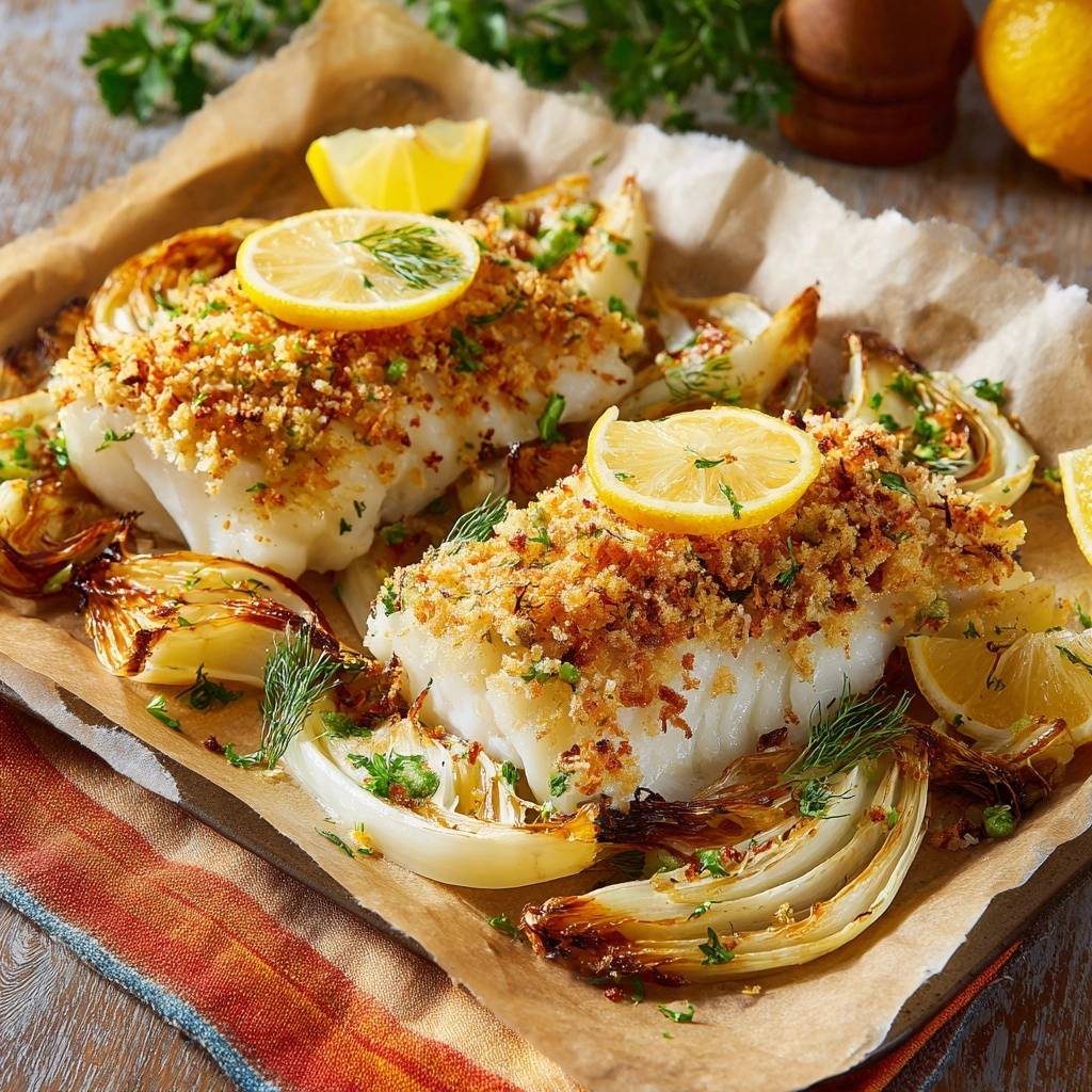 Knuspriger Ofenkabeljau mit Zitronenzwiebeln (Nie wieder weiche Panade!)