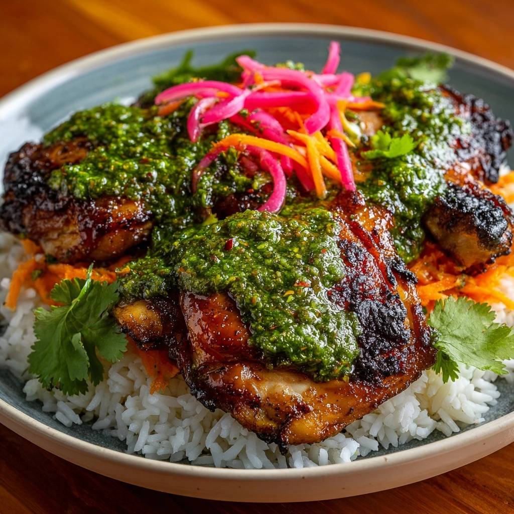 Saftiges Koriander-Hähnchen mit Pickles auf Reis