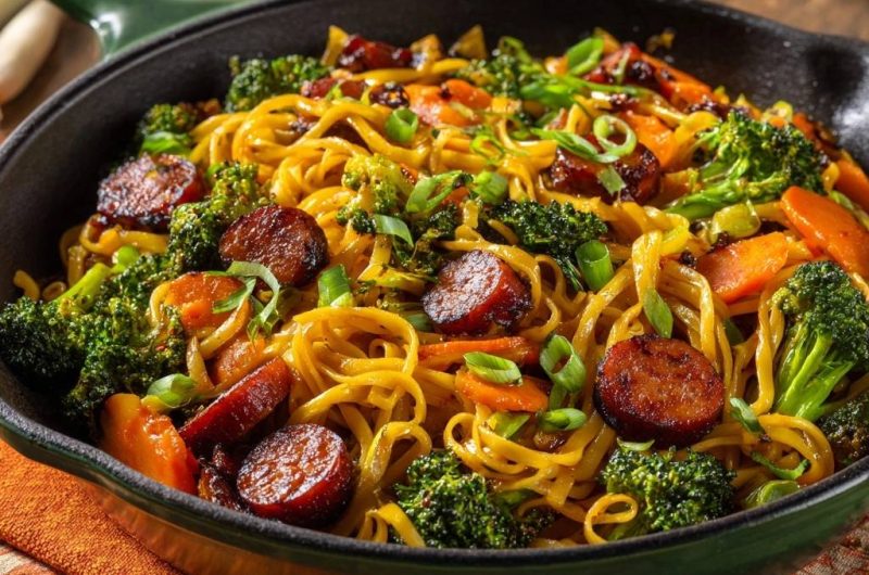 Asiatische Nudel-Wok-Pfanne mit Brokkoli, Karotten & Wurst