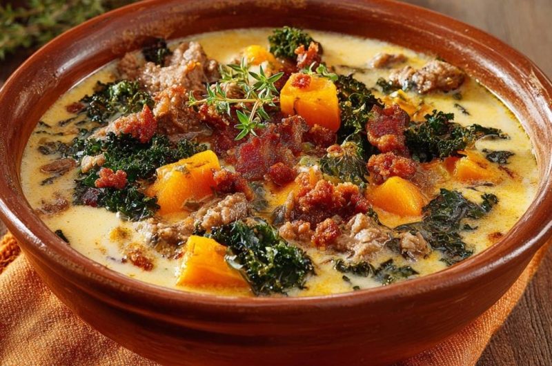 Cremige Kürbis-Grünkohlsuppe mit Hackfleisch