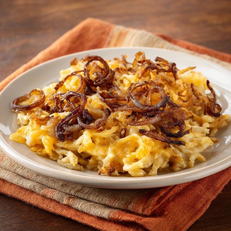 Cremiges Käse-Kartoffel-Püree mit knusprigen Zwiebeln