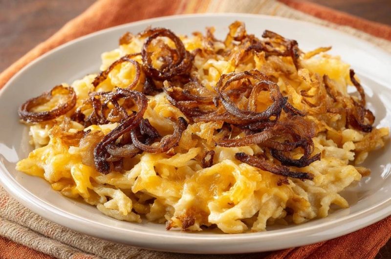 Cremiges Käse-Kartoffel-Püree mit knusprigen Zwiebeln