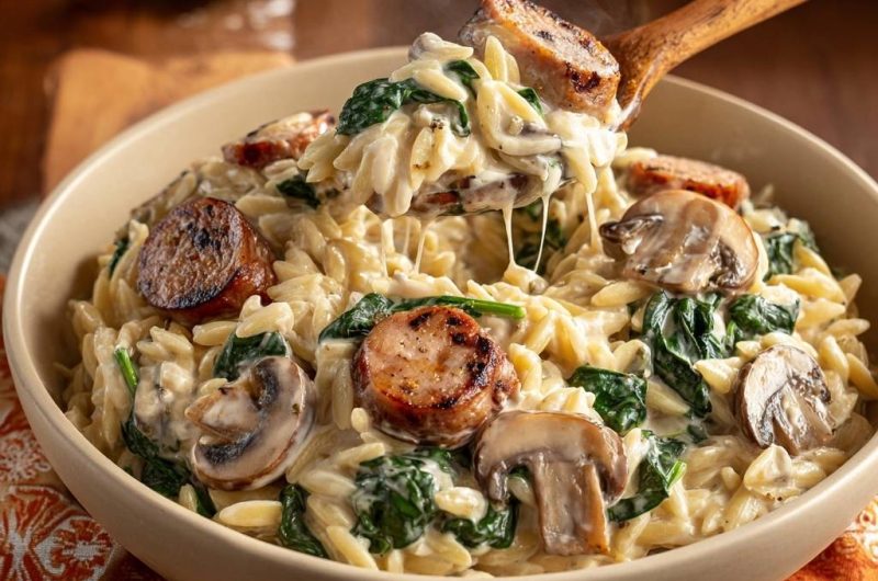 Cremiges Orzo mit Spinat, Pilzen und Würstchen (Keine wässrige Soße mehr)