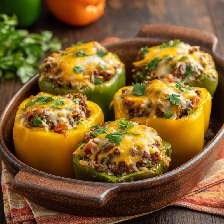 Gefüllte Paprika mit Hack, Reis & Käse – saftig!