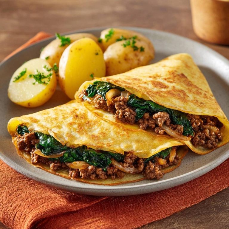 Gefüllte Spinat-Hack-Pfannkuchen mit Petersilienkartoffeln