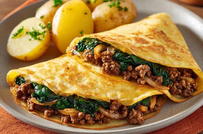 Gefüllte Spinat-Hack-Pfannkuchen mit Petersilienkartoffeln