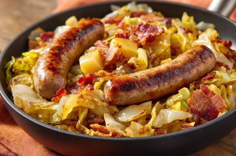 Knusprige Bratkartoffeln mit Weißkohl, Speck und Bratwürsten