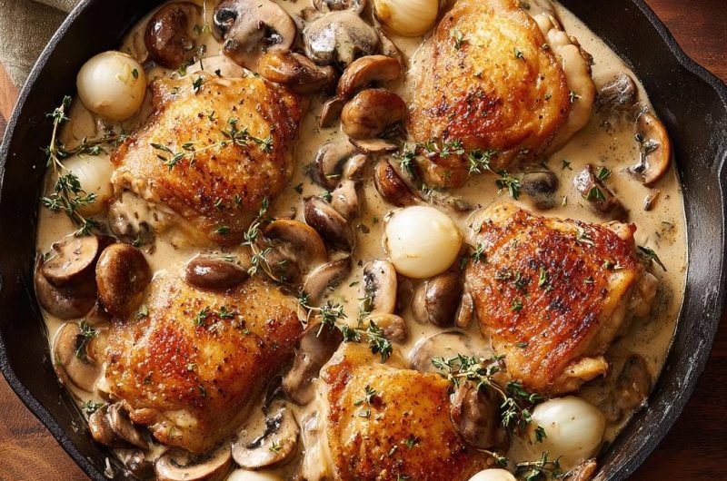 Knusprige Hähnchenschenkel in cremiger Pilzsoße