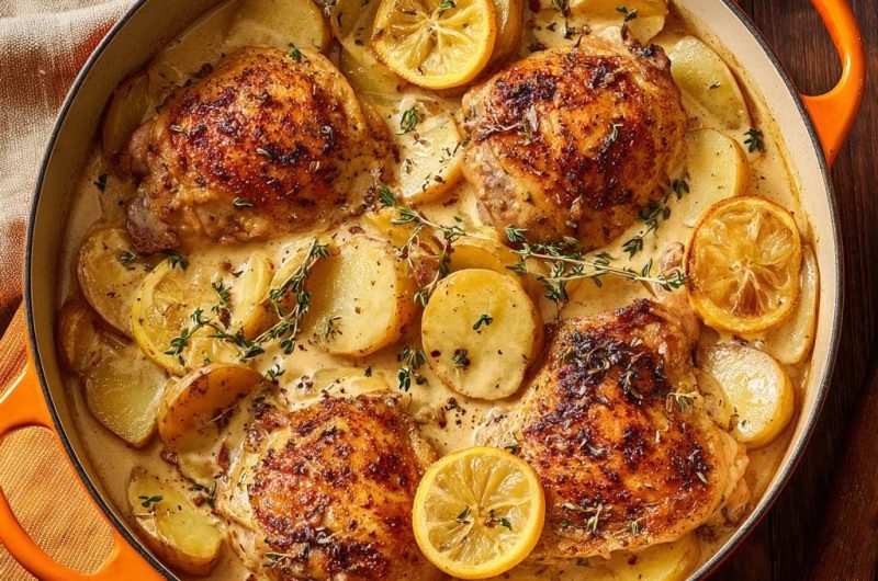 Knusprige Hähnchenschenkel mit Zitronen-Thymian-Kartoffeln (Nie wieder trockenes Hähnchen!)