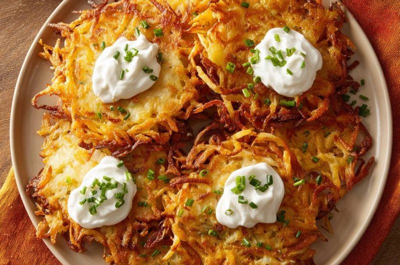 Knusprige Kartoffelpuffer mit Crème fraîche und Schnittlauch (Nie wieder matschige Puffer!)