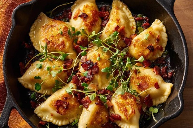 Knusprige Pierogi mit Speck und Kresse