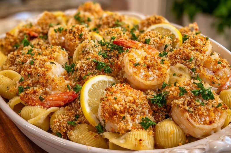 Knuspriger Garnelen-Conchiglie-Auflauf