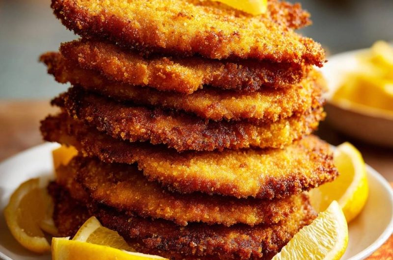 Knuspriger Hähnchenschnitzel-Turm mit Zitrone
